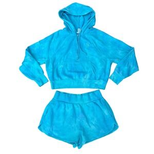 Victoria's Secret Tie Dye Cropped Hoodie Shorts‎ Set Aqua Blue Womens Small P